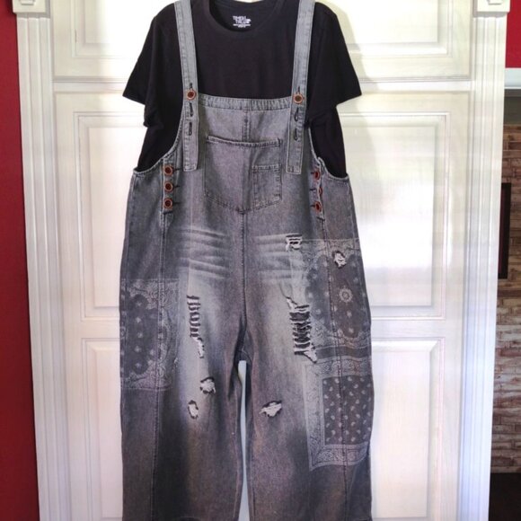 Easel Black Denim Distressed Wash Oversized Wide Leg Overalls SZ Large 14-18 NWT - Picture 1 of 15